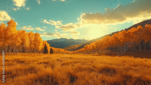 Golden Aspen Trees in Autumn Landscape - Mountain Sunset