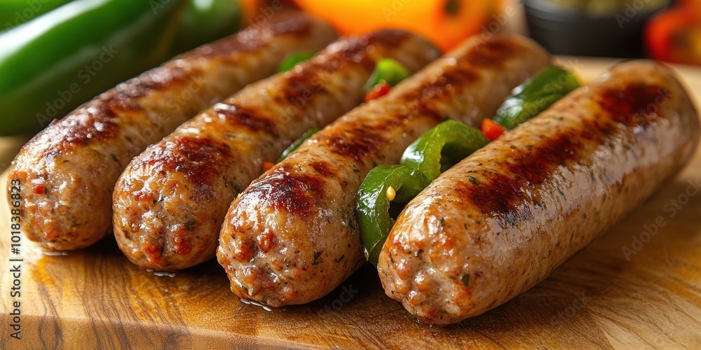 Grilled Sausages with Green Peppers on a Wooden Cutting Board Grilled Sausages with Green Peppers on a Wooden Cutting Board