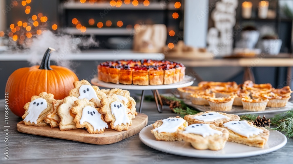 Fototapeta premium A spooky family picnic with ghost-shaped sandwiches pumpkin pie slices