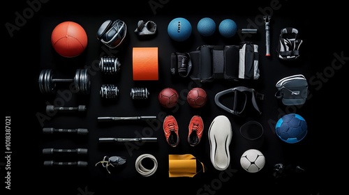 Image depicts various sports gear arranged against a black backdrop, evoking the essence of fitness and an active lifestyle. Ample negative space invites text or messaging. 