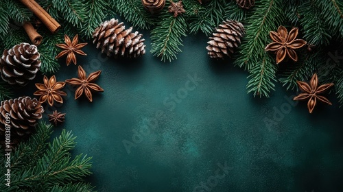 Wallpaper Mural Green Background with Pine Branches, Pinecones, and Star Anise Torontodigital.ca