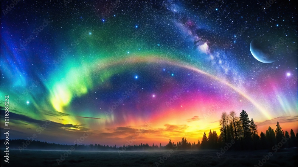 Nighttime sky filled with stars, crescent moon, rainbow colored aurora borealis Nighttime sky filled with stars, crescent moon, rainbow colored aurora borealis