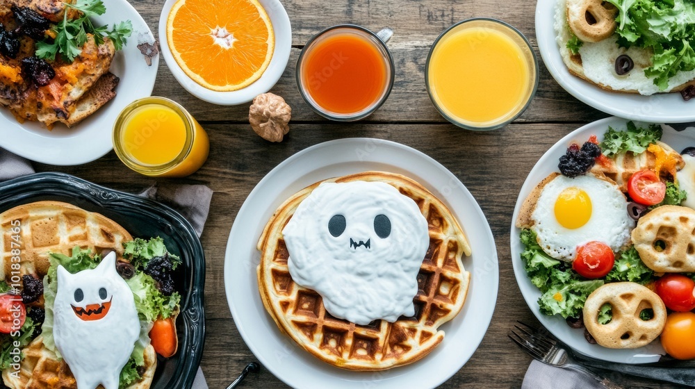 A spooky Halloween breakfast spread with black waffles blood orange juice A spooky Halloween breakfast spread with black waffles blood orange juice