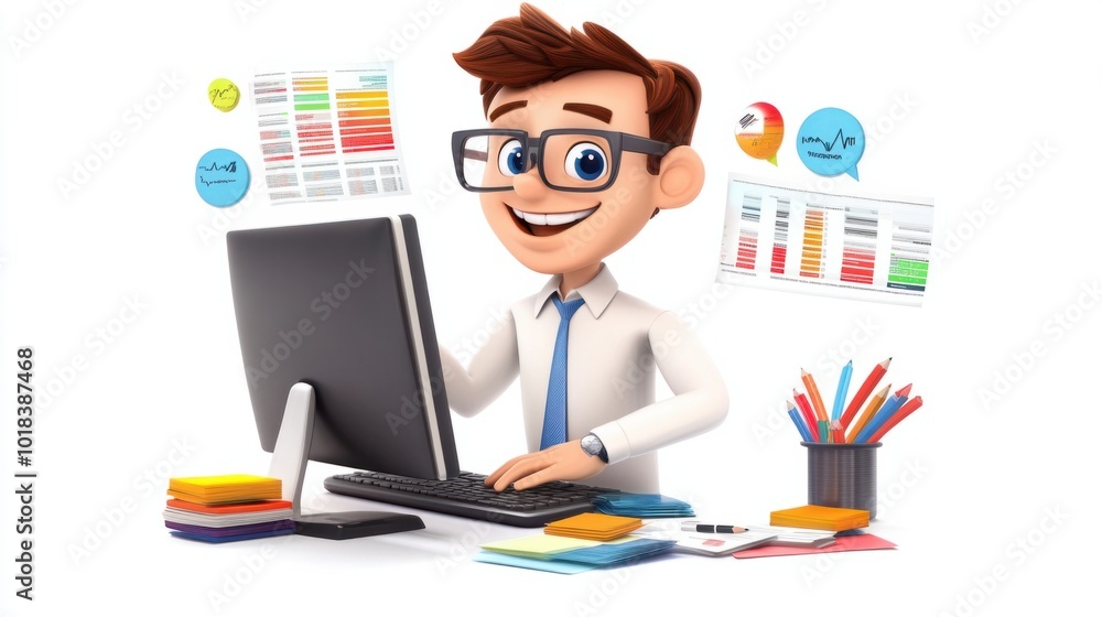 Happy cartoon data analyst character working on a computer, surrounded by data, isolated on white Happy cartoon data analyst character working on a computer, surrounded by data, isolated on white
