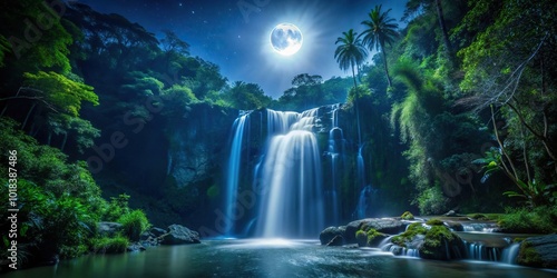 Fototapeta Naklejka Na Ścianę i Meble -  Nighttime waterfall in rainforest illuminated by moonlight