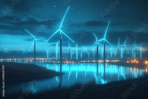  photograph of an ethereal, transparent, blue-glowing wind turbine with a glowing neon outline in a night scene: