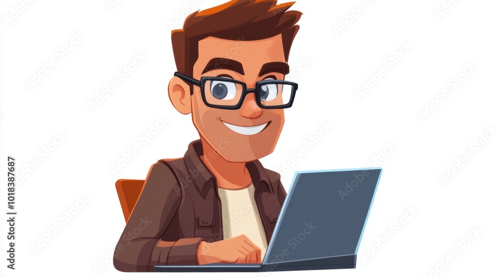 Happy cartoon data analyst with glasses, studying data on a laptop, isolated on white background Happy cartoon data analyst with glasses, studying data on a laptop, isolated on white background