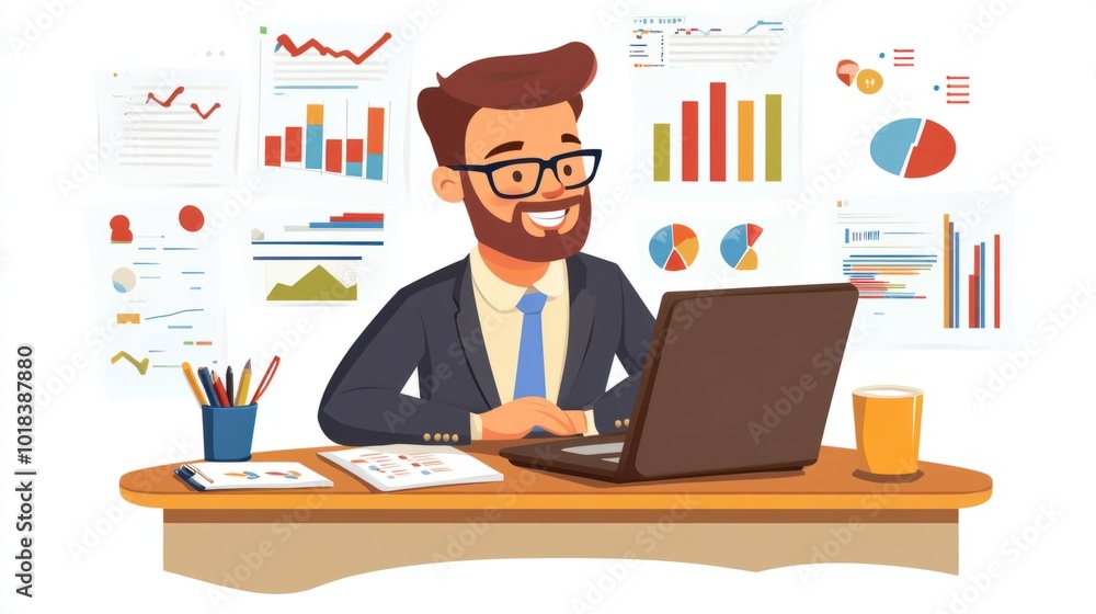 Happy cartoon data analyst working at a desk, reviewing data reports, isolated on white background Happy cartoon data analyst working at a desk, reviewing data reports, isolated on white background