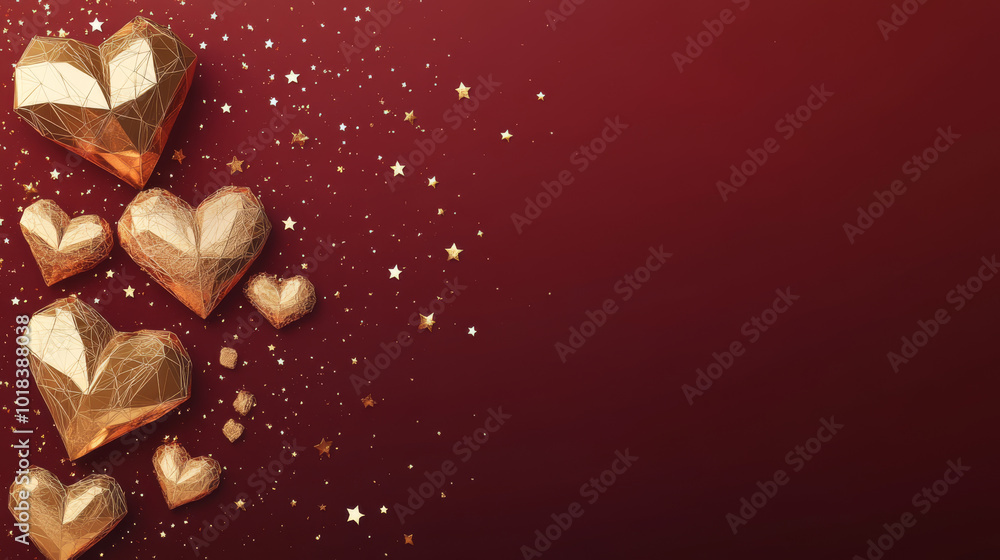 A stylish Valentine's Day banner with shimmering gold hearts and stars on a deep red background. The design uses a modern, geometric style.low poly wireframe. A stylish Valentine's Day banner with shimmering gold hearts and stars on a deep red background. The design uses a modern, geometric style.low poly wireframe.