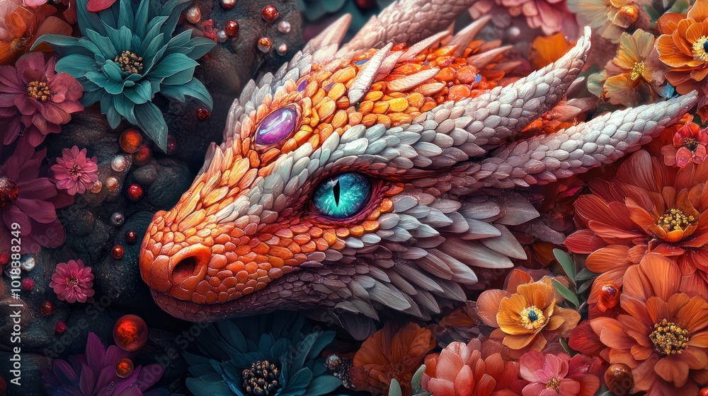 Fototapeta premium A close-up portrait of a fantasy dragon's head with an orange and white scales, turquoise eye, and gemstone accents. The dragon is surrounded by vibrant flowers and leaves,