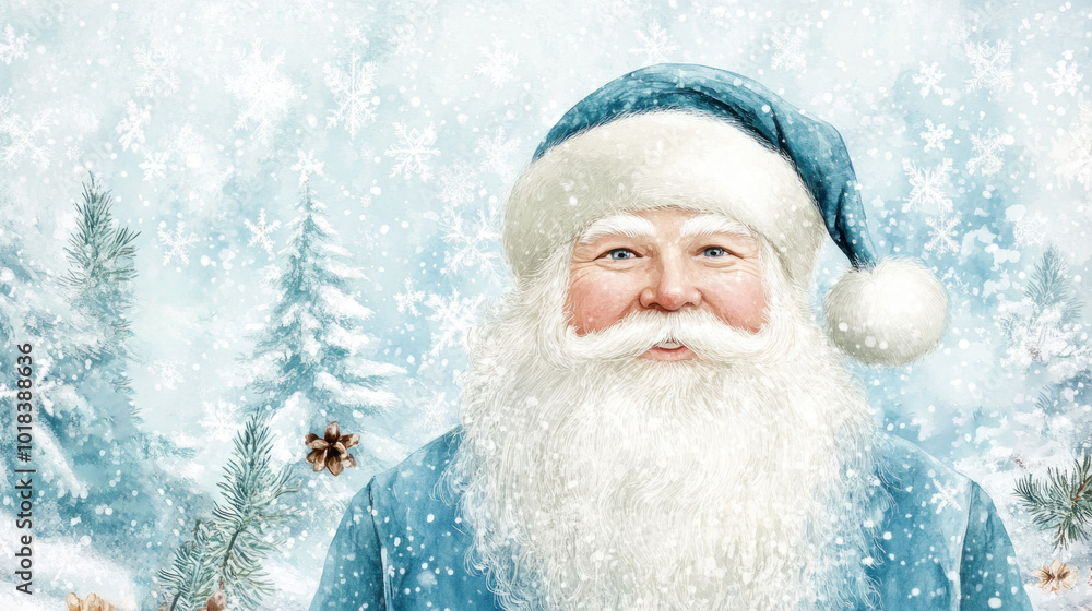 Smiling blue-suited Santa Claus in snowy winter wonderland with pine trees. Smiling blue-suited Santa Claus in snowy winter wonderland with pine trees.