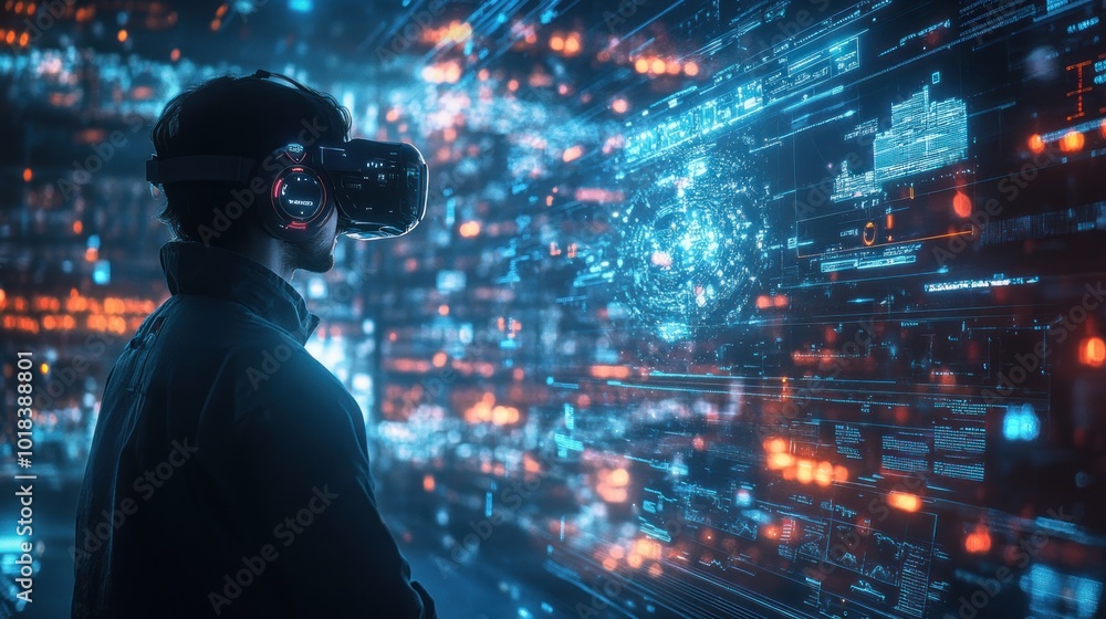 A person wearing a VR headset and looking at a futuristic interface with digital data and a holographic globe. A person wearing a VR headset and looking at a futuristic interface with digital data and a holographic globe.