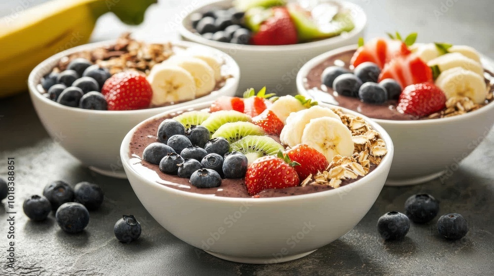 Summer acai smoothie bowls adorned with strawberry, banana, blueberry, kiwi, and muesli, perfect for breakfast Summer acai smoothie bowls adorned with strawberry, banana, blueberry, kiwi, and muesli, perfect for breakfast