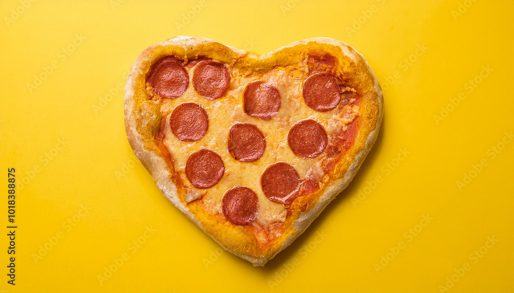 Heart shaped pepperoni pizza isolated on yellow background. Tasty fast food. Delicious snack. Heart shaped pepperoni pizza isolated on yellow background. Tasty fast food. Delicious snack.