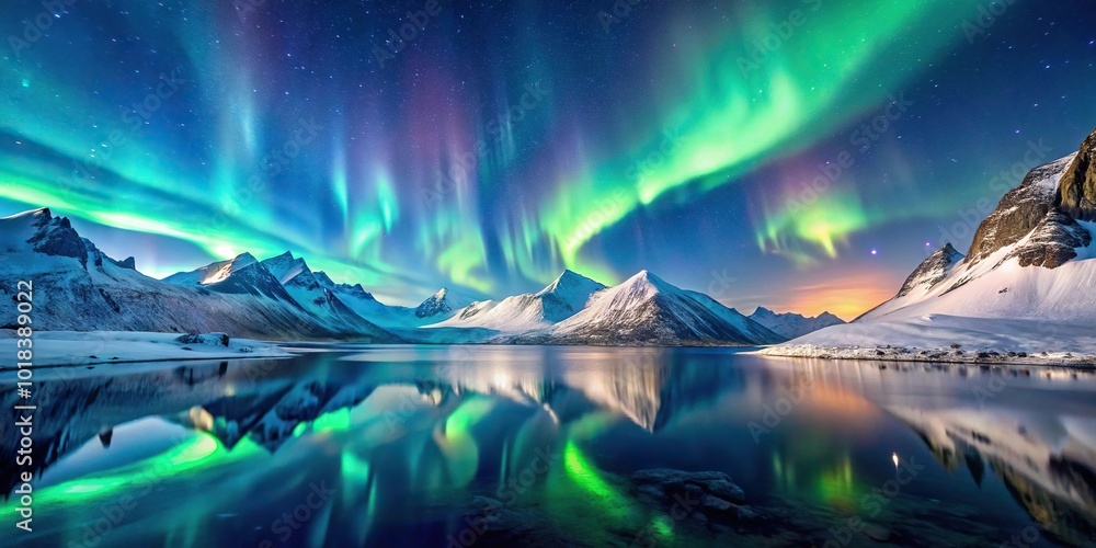 Northern Lights over a snowy lake with starry sky Northern Lights over a snowy lake with starry sky