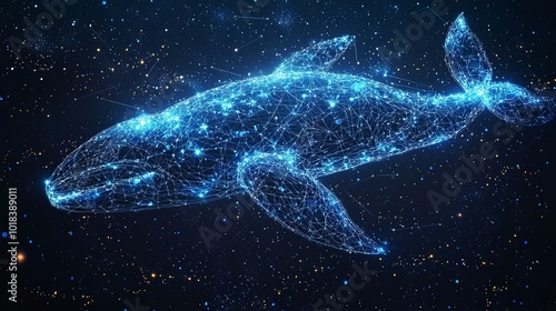 A beautiful whale crafted from a stellar network sails the cosmic seas, symbolizing boundless imagination and the fusion of nature with digital realms.