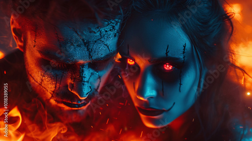 A horror-themed celebration featuring a man and woman with dramatic makeup, amidst a backdrop of flames and sinister shadows