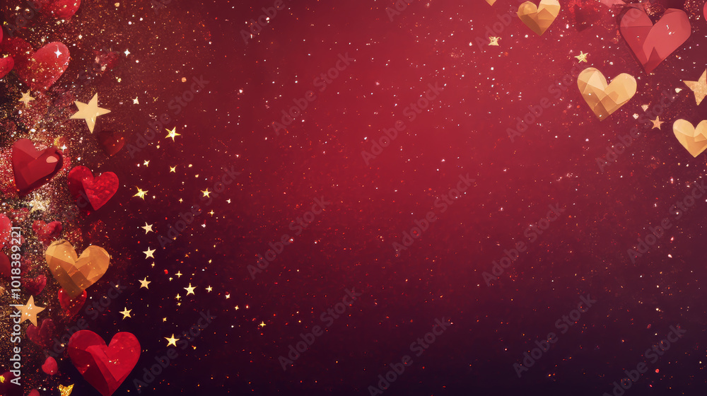 A modern, stylish banner for Valentine's Day featuring sparkling red and gold hearts and stars against a deep red backdrop. The design uses a trendy geometric style. A modern, stylish banner for Valentine's Day featuring sparkling red and gold hearts and stars against a deep red backdrop. The design uses a trendy geometric style.