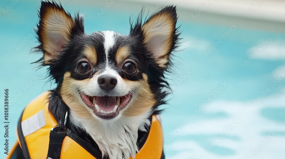Dog rescuer in a life jacket near a swimming pool, showcasing safety and care for pets Dog rescuer in a life jacket near a swimming pool, showcasing safety and care for pets