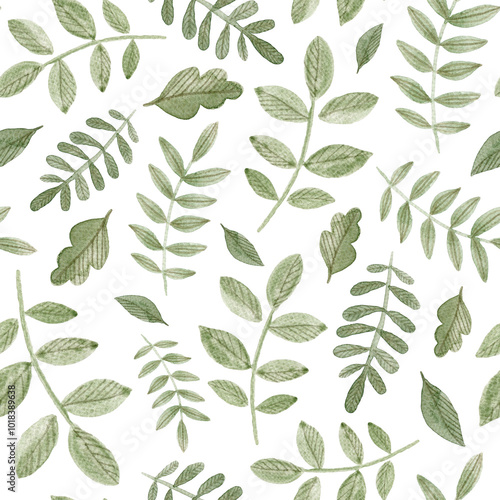 Wallpaper Mural Watercolor seamless pattern with green leaves branches. Isolated on white background. Hand drawn clipart. Perfect for card, postcard, tags, invitation, printing, wrapping, fabric. Torontodigital.ca
