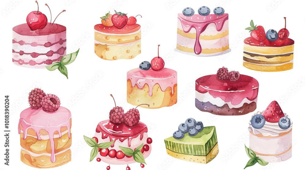 A delightful collection of happy cute cake watercolor illustrations set against a transparent background, perfect for enhancing party themes, birthday celebrations, or dessert-themed designs. A delightful collection of happy cute cake watercolor illustrations set against a transparent background, perfect for enhancing party themes, birthday celebrations, or dessert-themed designs.