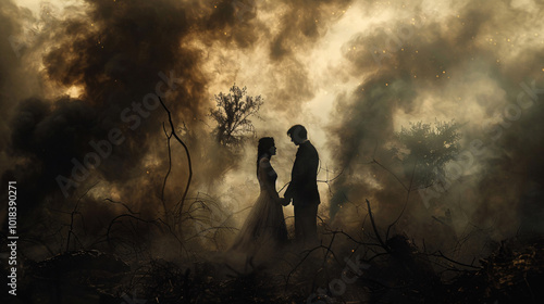 A romantic yet creepy setting with a couple in eerie makeup, holding hands amidst a backdrop of blackened trees and dark smoke