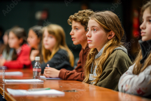 A student council meeting, students in formal discussion, youth leadership in education