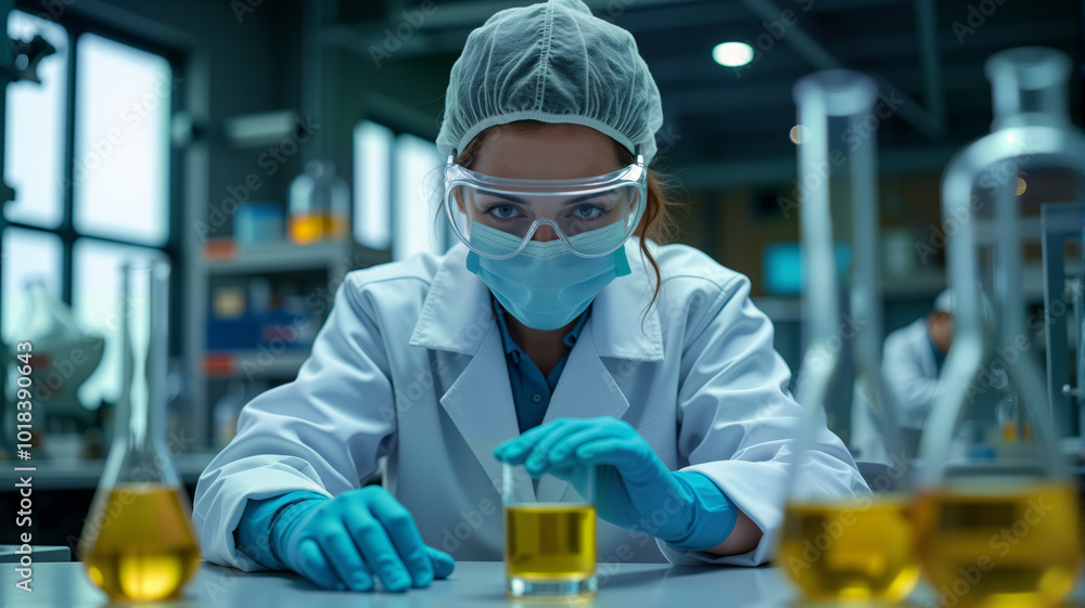 A focused female scientist in a lab coat and protective gear carefully analyzes a sample in a modern laboratory. Ideal for educational content, scientific publications, or research promotions A focused female scientist in a lab coat and protective gear carefully analyzes a sample in a modern laboratory. Ideal for educational content, scientific publications, or research promotions