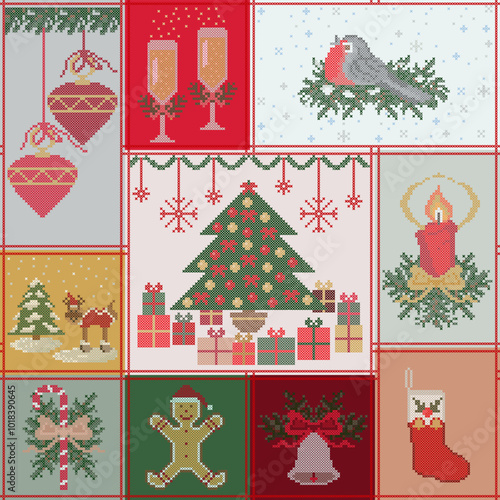 Cross Stitch Embroidery, Christmas Patchwork Style Seamless Pattern