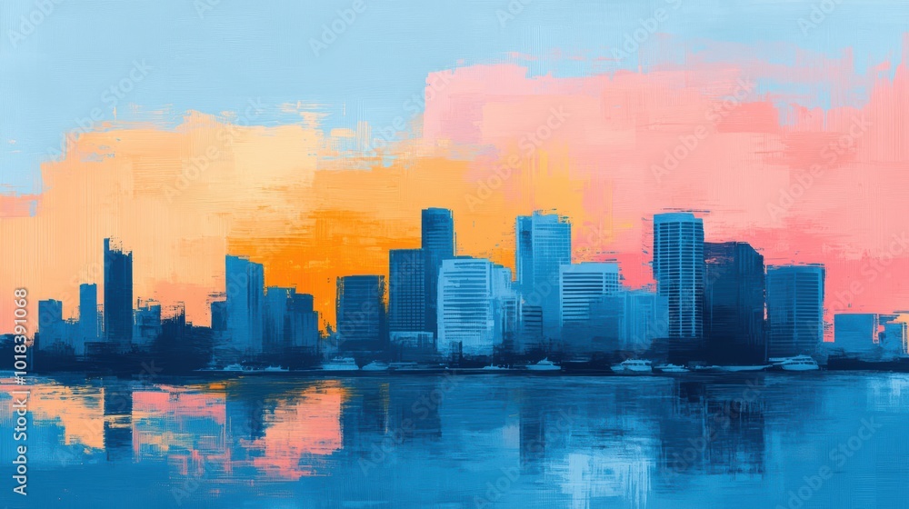 Fototapeta premium Vibrant city skyline at sunset, showcasing colorful reflections on water. Ideal for urban, landscape, and travel-themed projects.