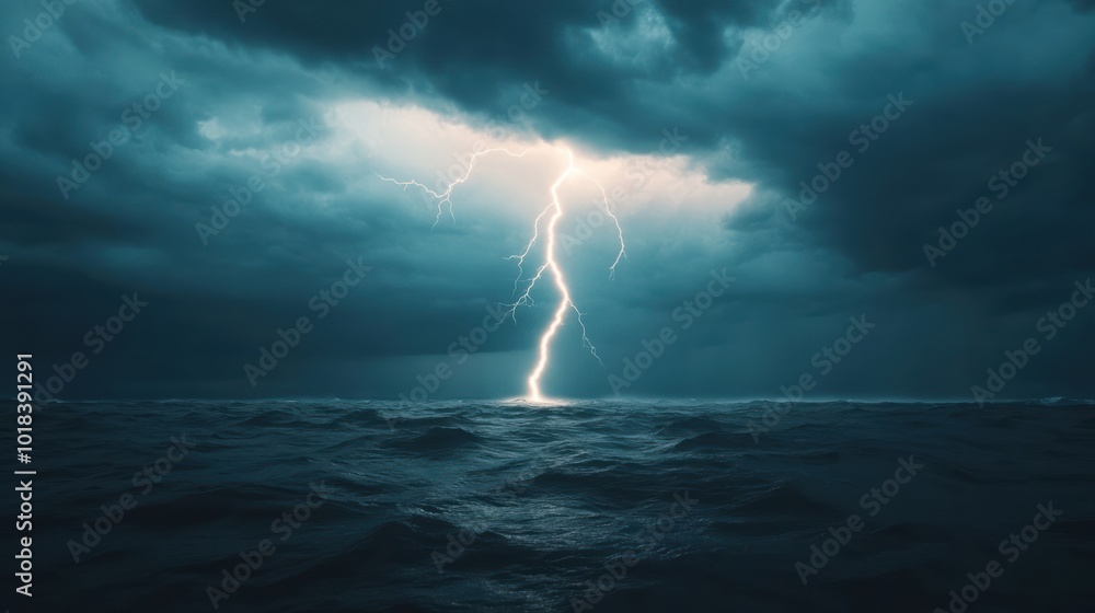 A dramatic lightning strike illuminates dark storm clouds over a turbulent ocean, capturing the raw power of nature in an atmospheric landscape. A dramatic lightning strike illuminates dark storm clouds over a turbulent ocean, capturing the raw power of nature in an atmospheric landscape.