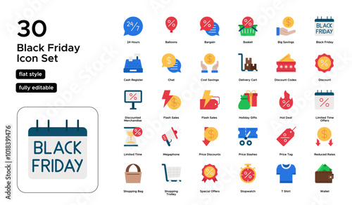Black Friday Flat Icon Set: Limited-Time Deals, Doorbuster Sales, and Holiday Shopping Icons