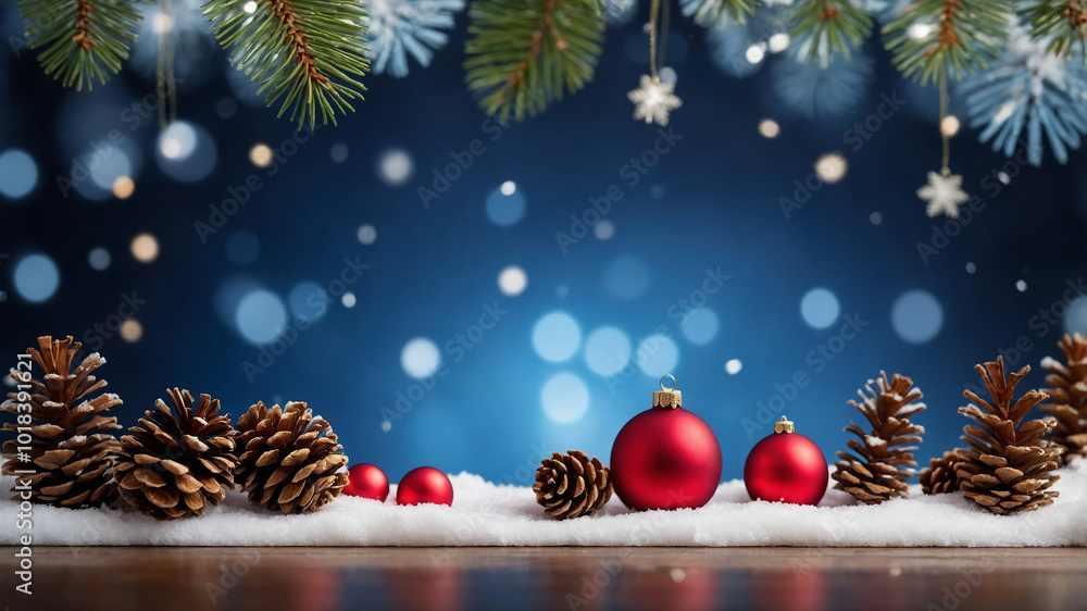 Festive image with red ornaments and pinecones on snowy surface against a blurred blue holiday background. Festive image with red ornaments and pinecones on snowy surface against a blurred blue holiday background.
