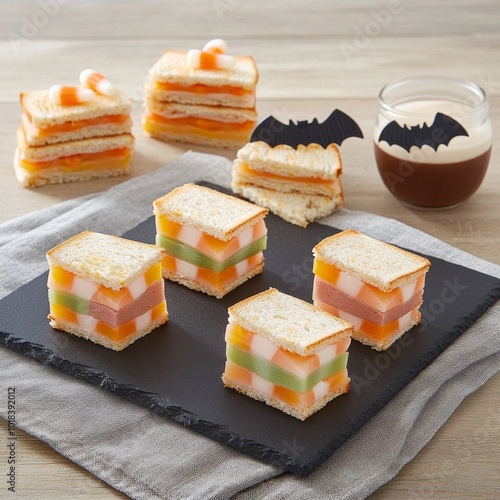 A vibrant spread of Halloween-themed finger foods from candy corn parfaits to bat-shaped sandwiches photo