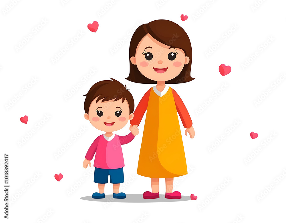 A cartoon illustration of a mother and son holding hands with hearts surrounding them A cartoon illustration of a mother and son holding hands with hearts surrounding them
