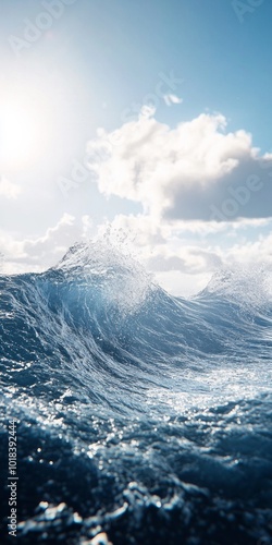 Ocean Waves Crashing Under a Blue Sky