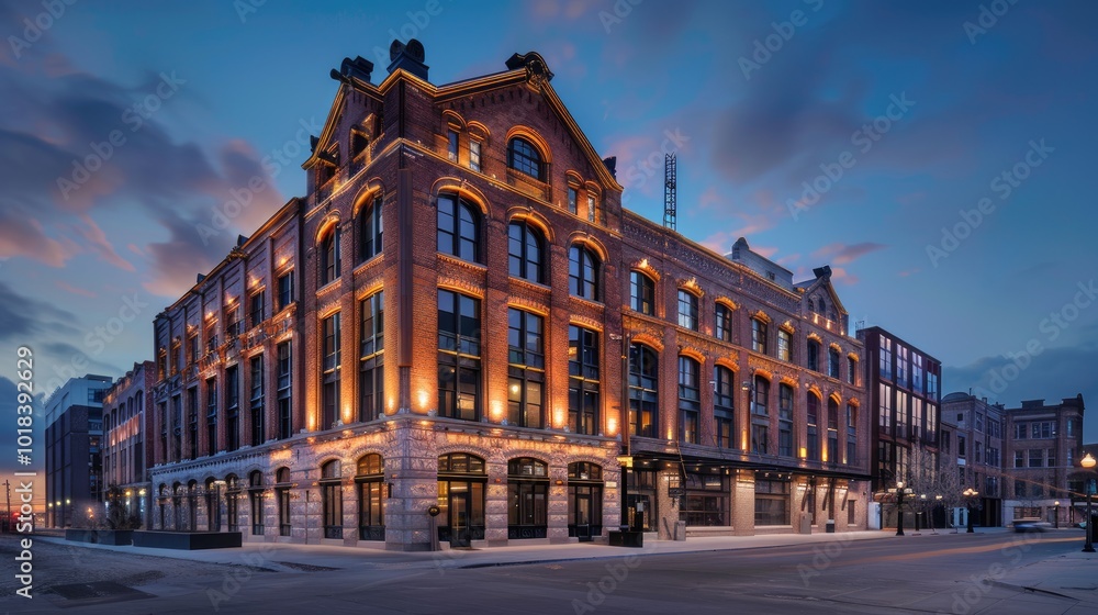 Naklejka premium Historic brick building with large windows illuminated at dusk. The building is on a city street with other buildings in the background. The sky is a blue-purple.