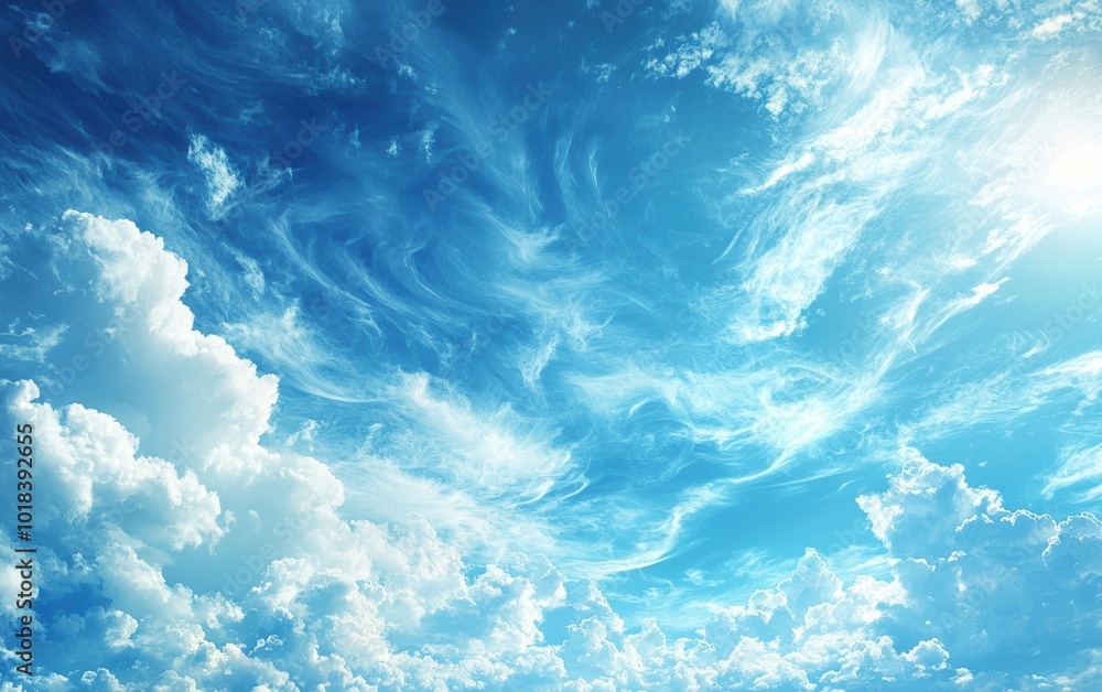 Obraz premium A beautiful expanse of blue sky filled with fluffy white clouds, showcasing a serene atmosphere perfect for nature and weather themes.
