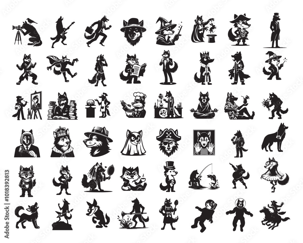 Funny Wolf Silhouettes Clipart Design, Grey wolf Different Activities vector illustration Bundle Funny Wolf Silhouettes Clipart Design, Grey wolf Different Activities vector illustration Bundle