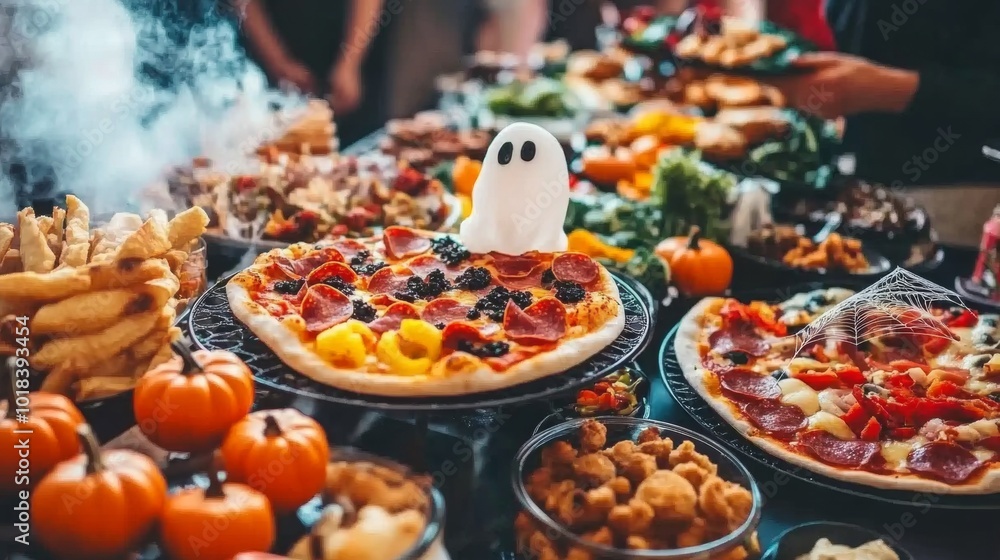 Family creating spooky Halloween-themed pizzas with pumpkin-shaped cheese ghost pepperoni Family creating spooky Halloween-themed pizzas with pumpkin-shaped cheese ghost pepperoni