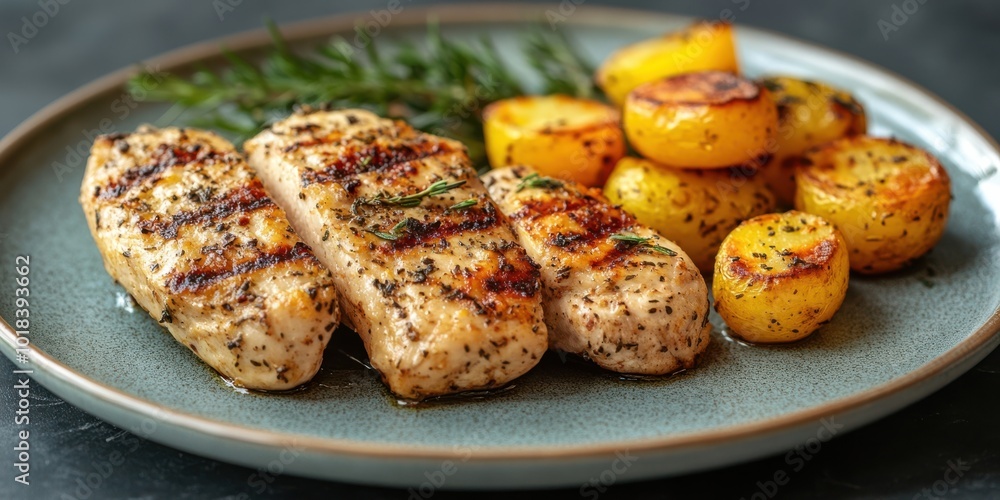 Grilled chicken breast with roasted potatoes and rosemary garnish on a blue plate Grilled chicken breast with roasted potatoes and rosemary garnish on a blue plate