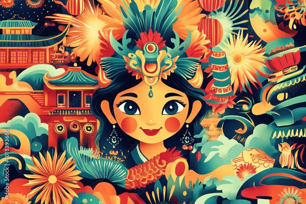 A colorful illustration featuring a young woman with traditional Chinese attire and a bright smile, surrounded by festive elements like fireworks, lanterns, and pagodas. A colorful illustration featuring a young woman with traditional Chinese attire and a bright smile, surrounded by festive elements like fireworks, lanterns, and pagodas.
