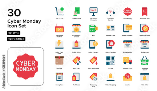 Cyber Monday Flat Icon Set: Flash Sales, Online Discounts, and Holiday Shopping Icons