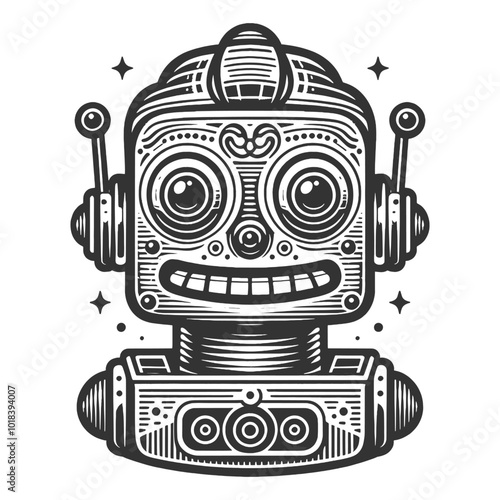 smiling vintage robot with large eyes, drawn in a classic engraving style sketch engraving generative ai vector illustration. Scratch board imitation. Black and white image.