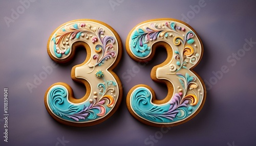 Decorated cookie, number 33, illustration for birthday or anniversary celebration