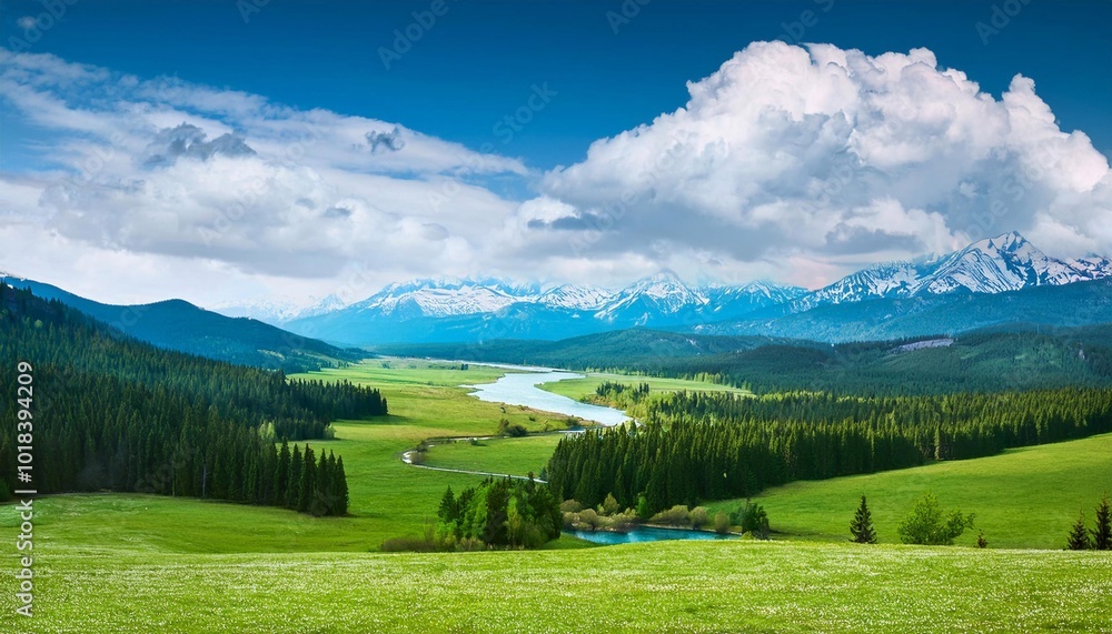 Obraz premium Amazing alpine spring summer landscape with green meadows flowers and snowy peak in the background