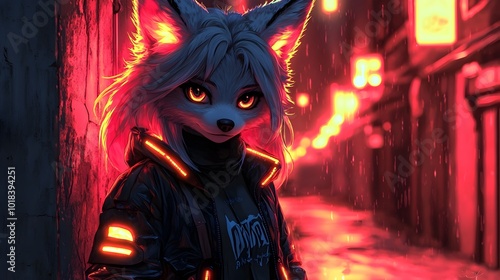 Anime Wolf Girl in Neon-Lit Alley with Futuristic Jacket