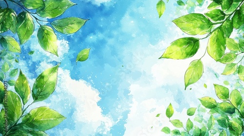 A vibrant, artistic representation of lush green leaves against a bright blue sky, evoking feelings of tranquility and connection with nature.