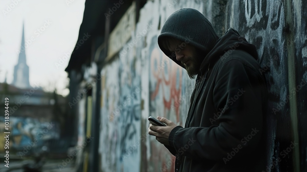 Man in a Hoodie Looking at His Phone in a Graffiti-Covered Alley Man in a Hoodie Looking at His Phone in a Graffiti-Covered Alley