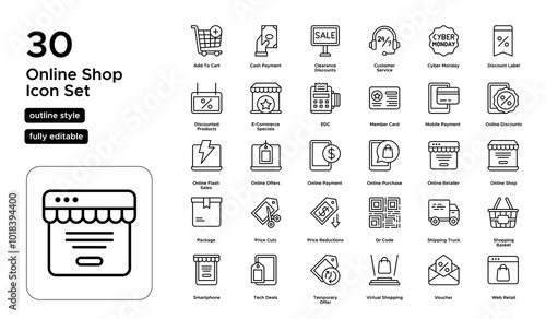 Online Shop Line Icon Set: Virtual Stores, Checkout, Product Listings, and Secure Payments Icons